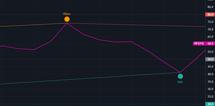 MFI divergence detection showing bullish and bearish divergence signals on price chart